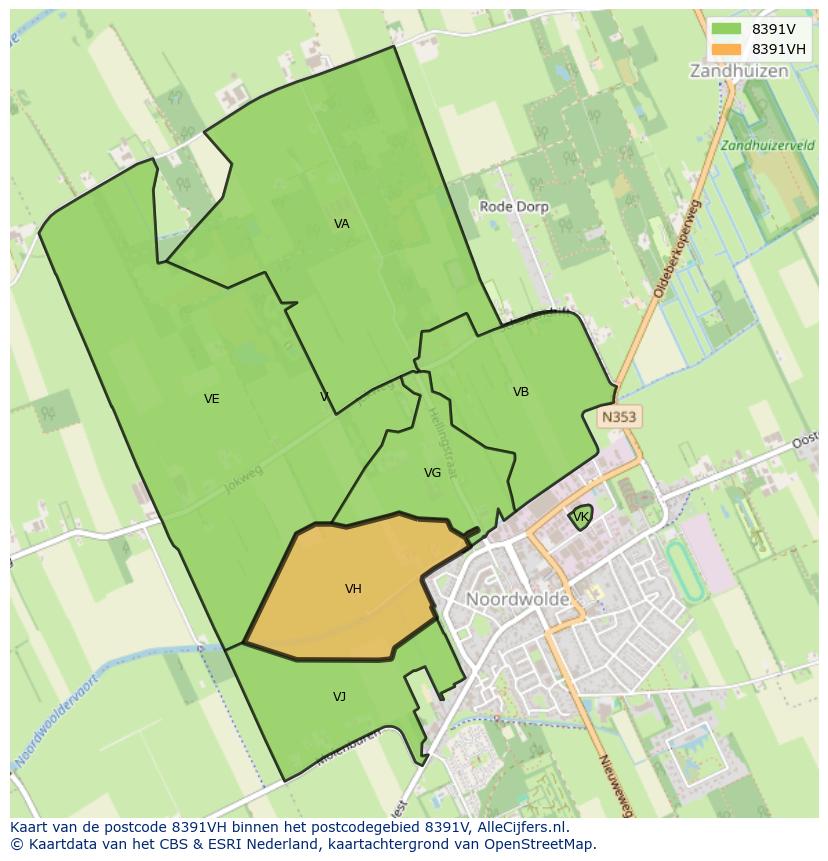 Afbeelding van het postcodegebied 8391 VH op de kaart.