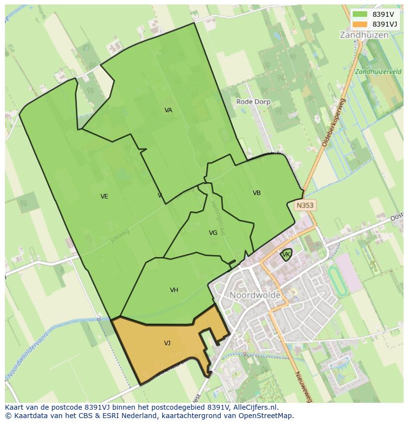 Afbeelding van het postcodegebied 8391 VJ op de kaart.