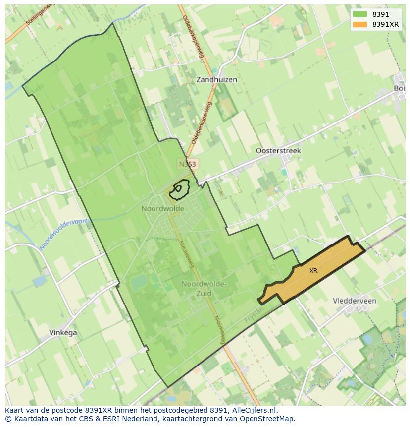Afbeelding van het postcodegebied 8391 XR op de kaart.