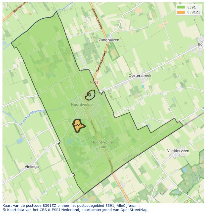 Afbeelding van het postcodegebied 8391 ZZ op de kaart.