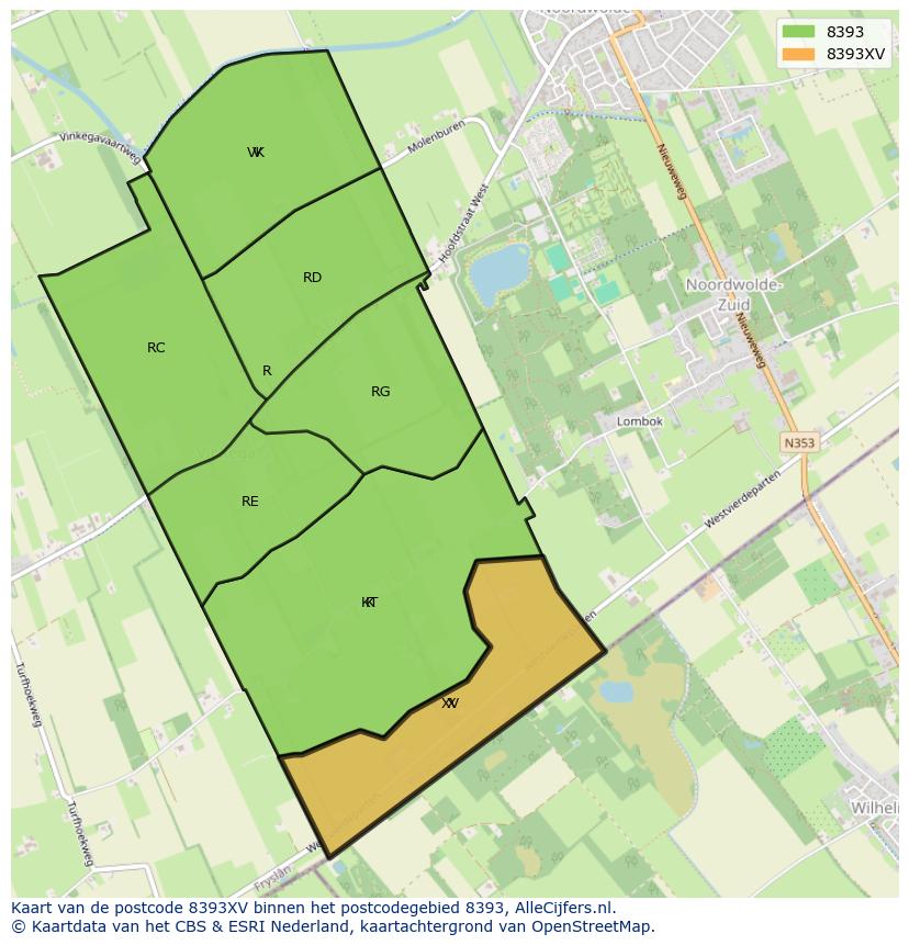 Afbeelding van het postcodegebied 8393 XV op de kaart.