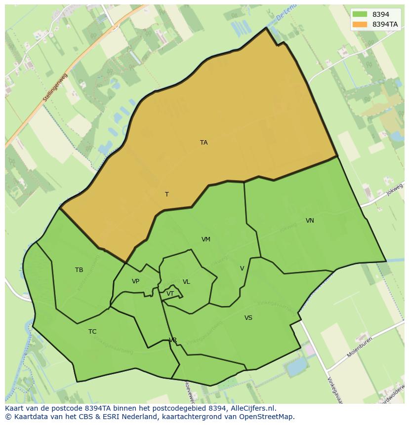 Afbeelding van het postcodegebied 8394 TA op de kaart.