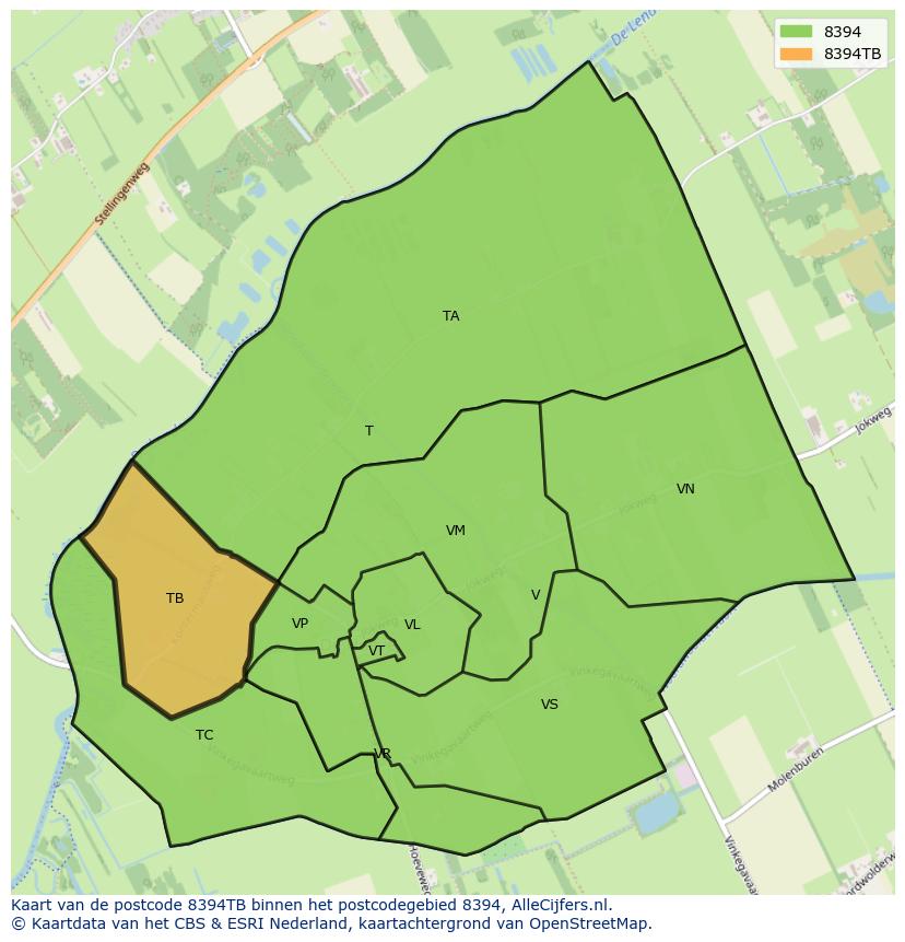 Afbeelding van het postcodegebied 8394 TB op de kaart.