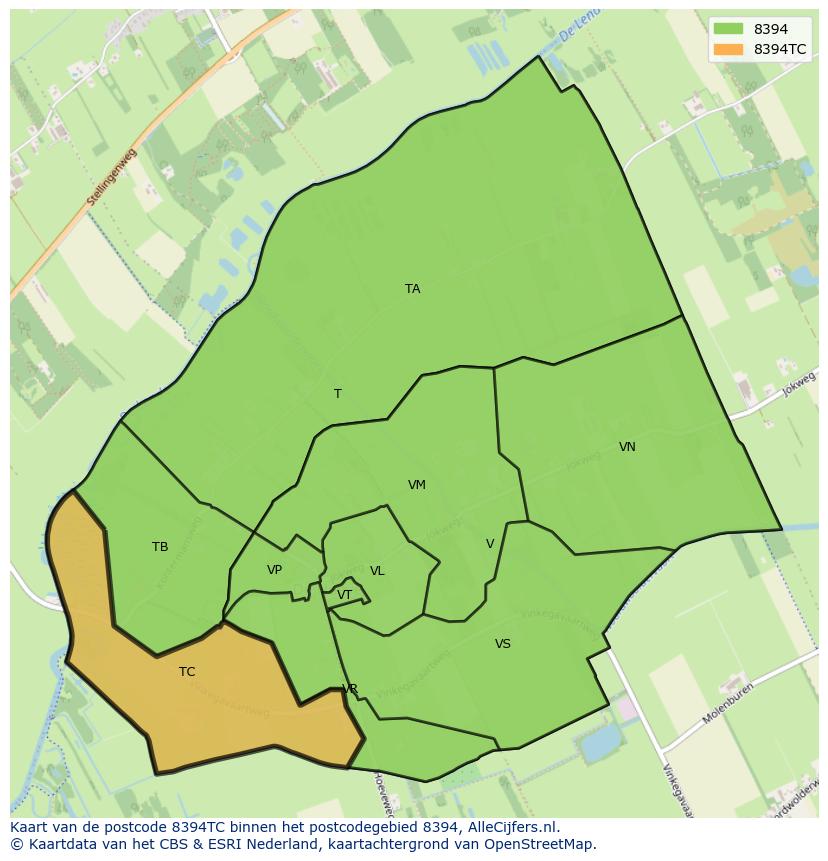 Afbeelding van het postcodegebied 8394 TC op de kaart.