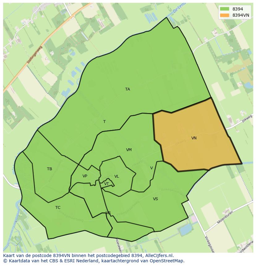 Afbeelding van het postcodegebied 8394 VN op de kaart.
