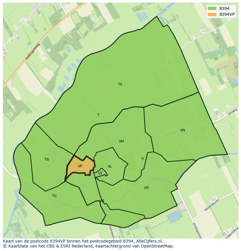 Afbeelding van het postcodegebied 8394 VP op de kaart.