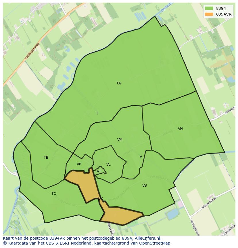 Afbeelding van het postcodegebied 8394 VR op de kaart.