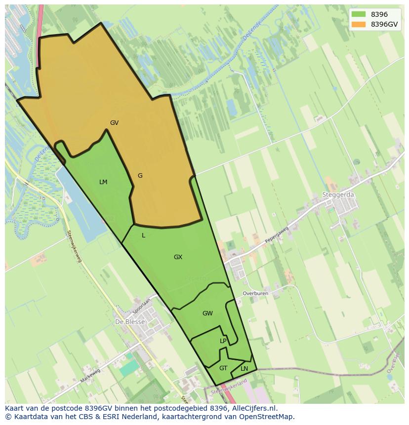 Afbeelding van het postcodegebied 8396 GV op de kaart.