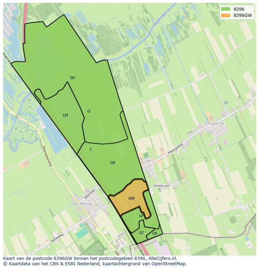 Afbeelding van het postcodegebied 8396 GW op de kaart.