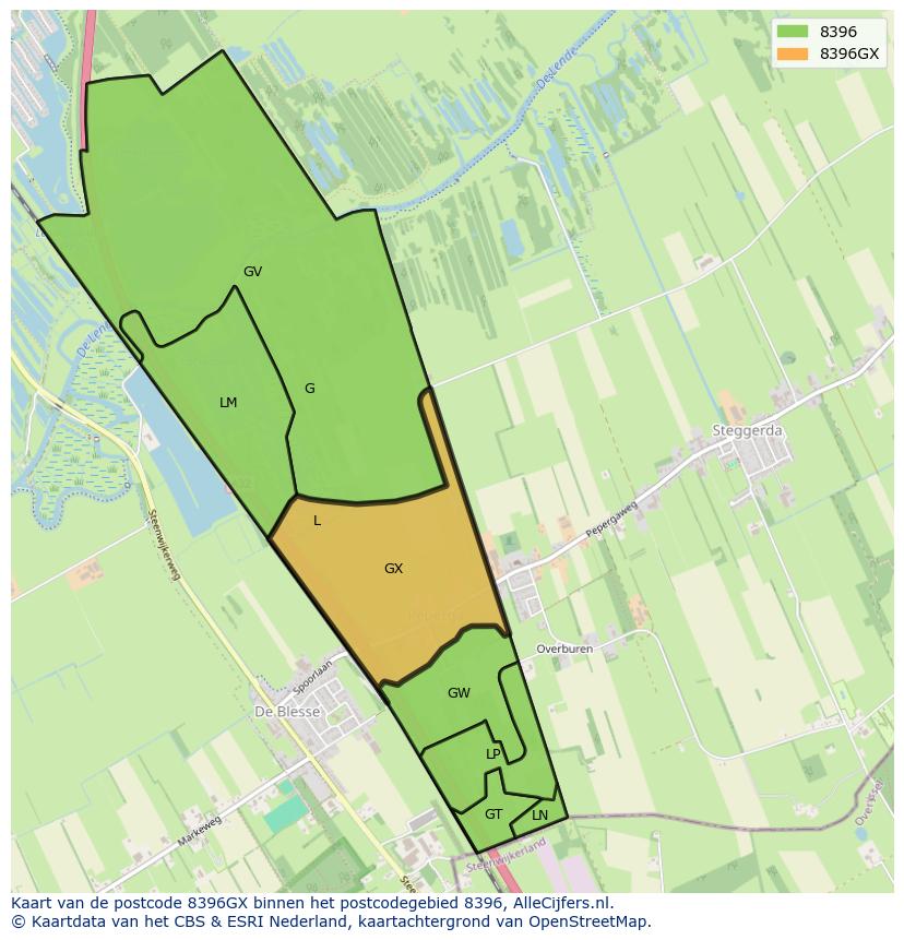 Afbeelding van het postcodegebied 8396 GX op de kaart.