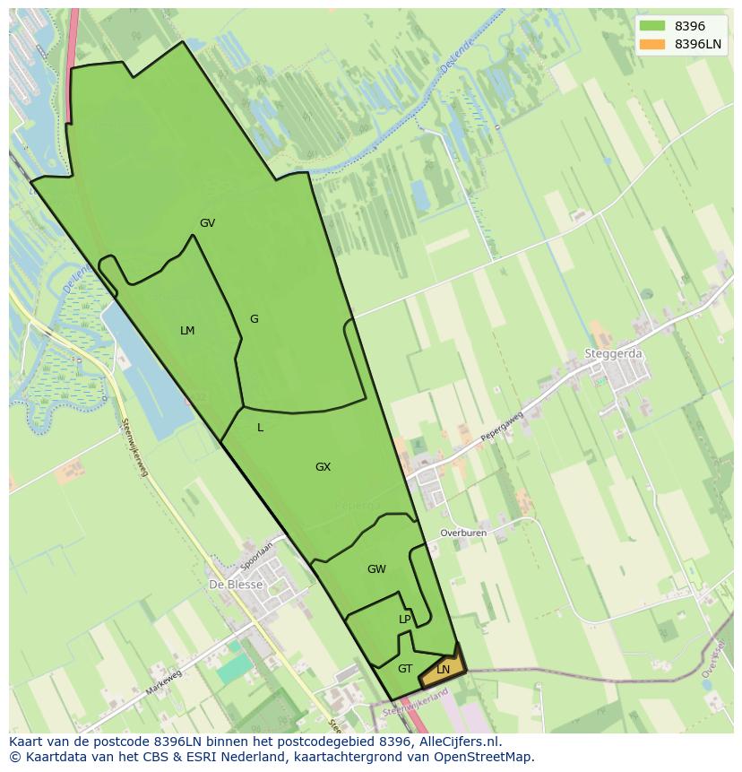 Afbeelding van het postcodegebied 8396 LN op de kaart.