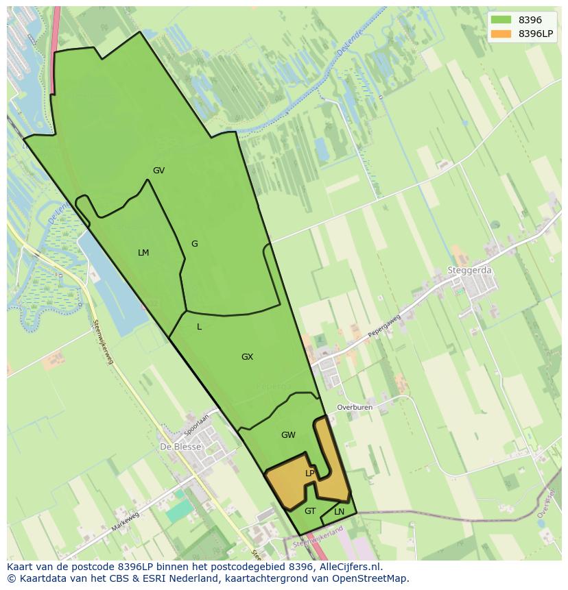Afbeelding van het postcodegebied 8396 LP op de kaart.