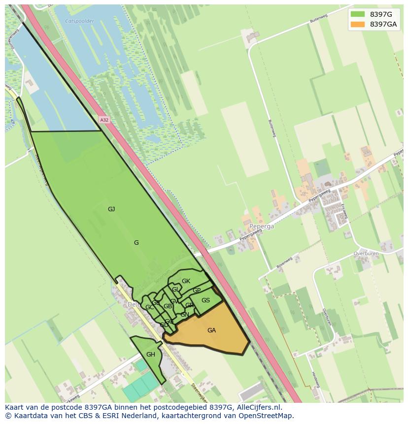 Afbeelding van het postcodegebied 8397 GA op de kaart.