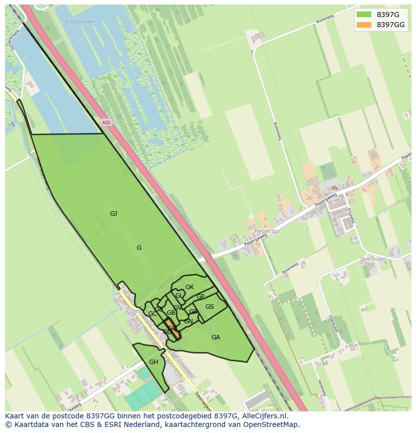 Afbeelding van het postcodegebied 8397 GG op de kaart.