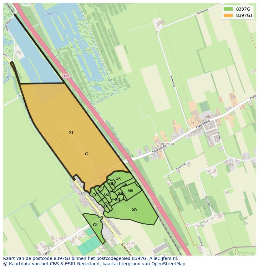 Afbeelding van het postcodegebied 8397 GJ op de kaart.