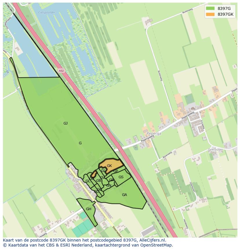 Afbeelding van het postcodegebied 8397 GK op de kaart.
