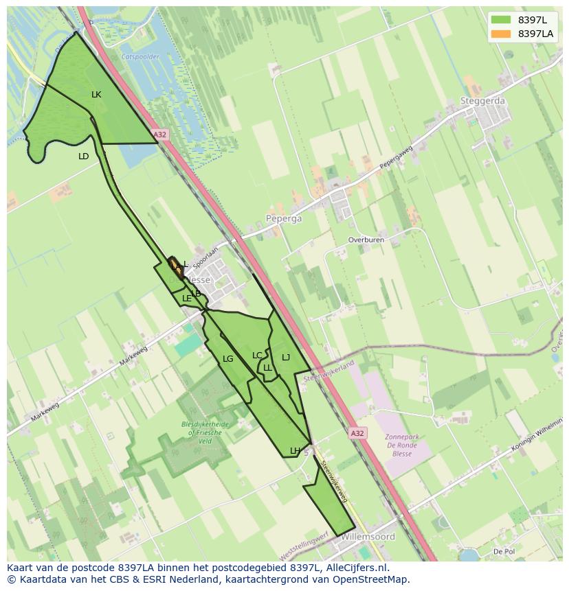 Afbeelding van het postcodegebied 8397 LA op de kaart.