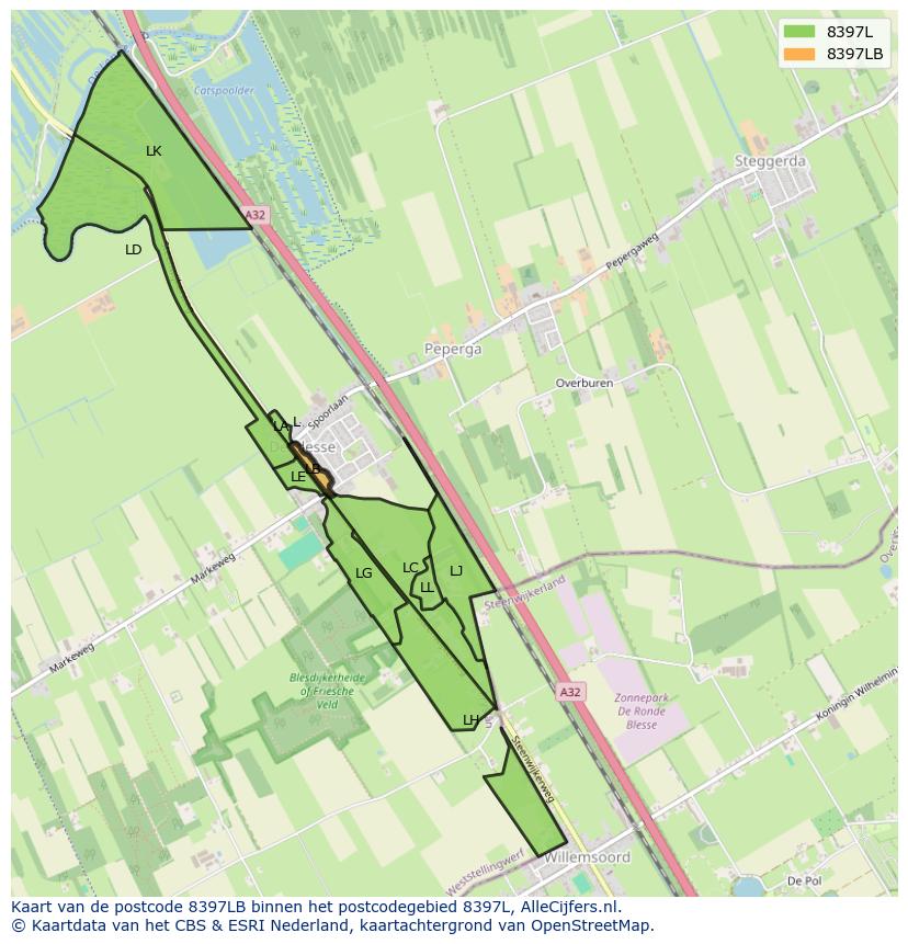 Afbeelding van het postcodegebied 8397 LB op de kaart.