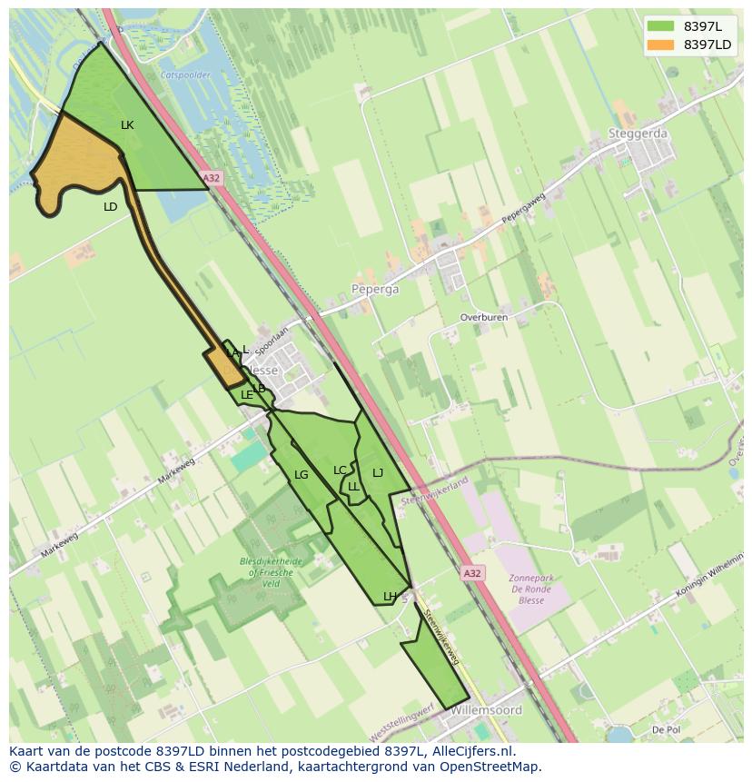 Afbeelding van het postcodegebied 8397 LD op de kaart.