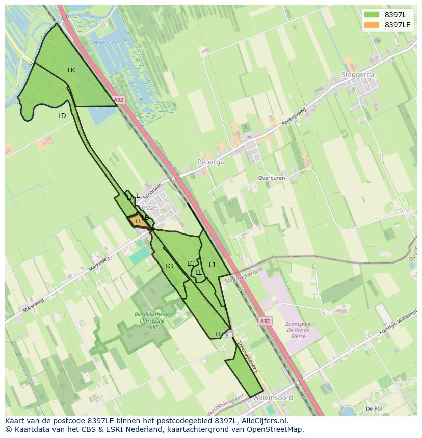 Afbeelding van het postcodegebied 8397 LE op de kaart.