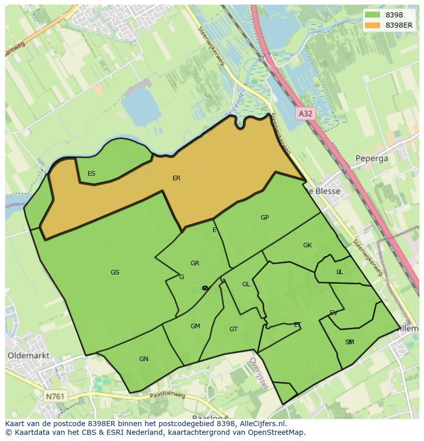 Afbeelding van het postcodegebied 8398 ER op de kaart.