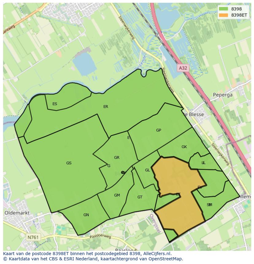 Afbeelding van het postcodegebied 8398 ET op de kaart.