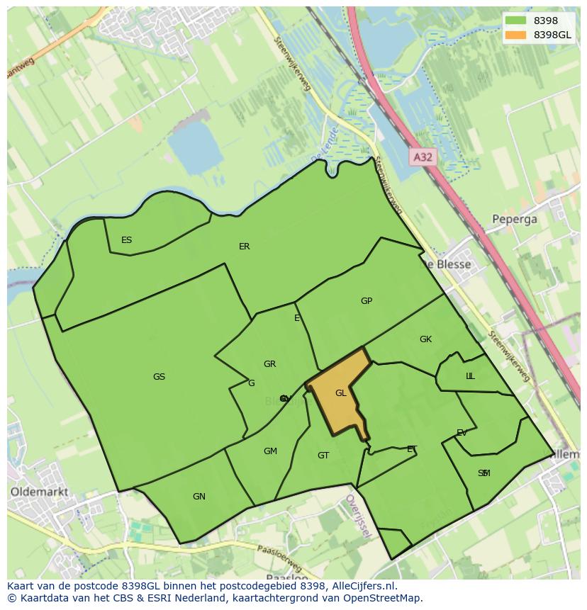Afbeelding van het postcodegebied 8398 GL op de kaart.