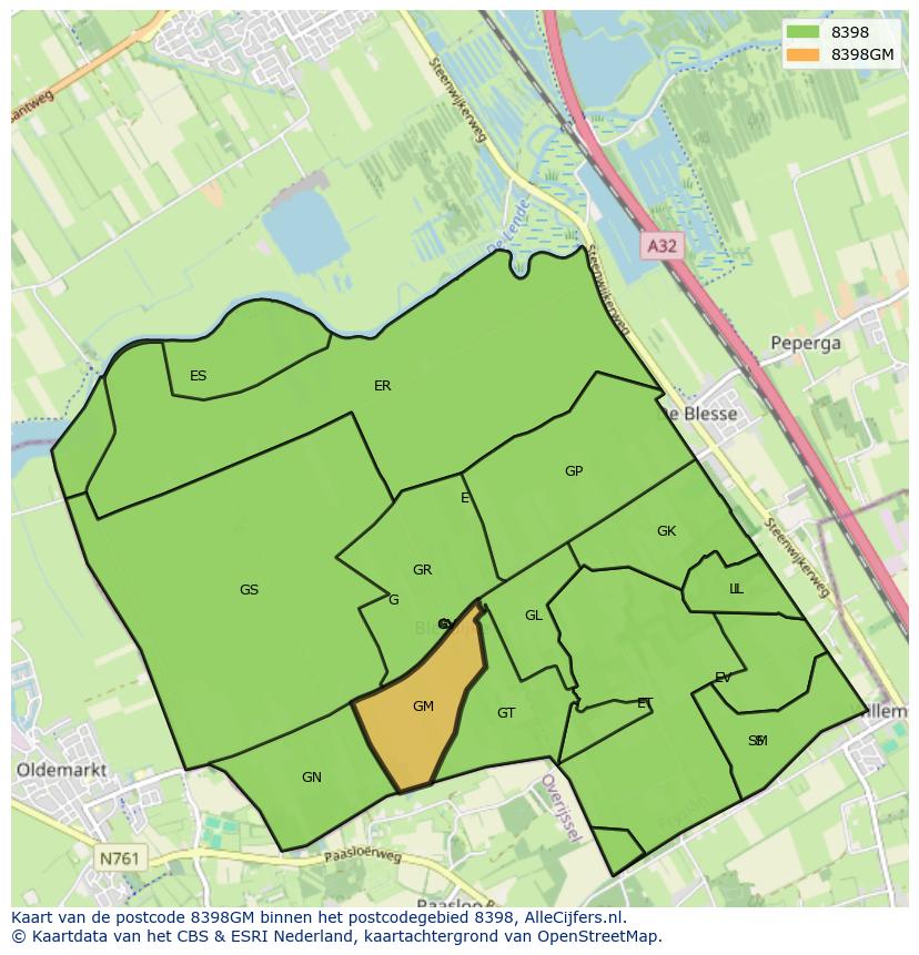 Afbeelding van het postcodegebied 8398 GM op de kaart.