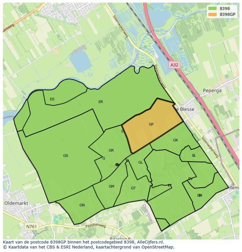 Afbeelding van het postcodegebied 8398 GP op de kaart.