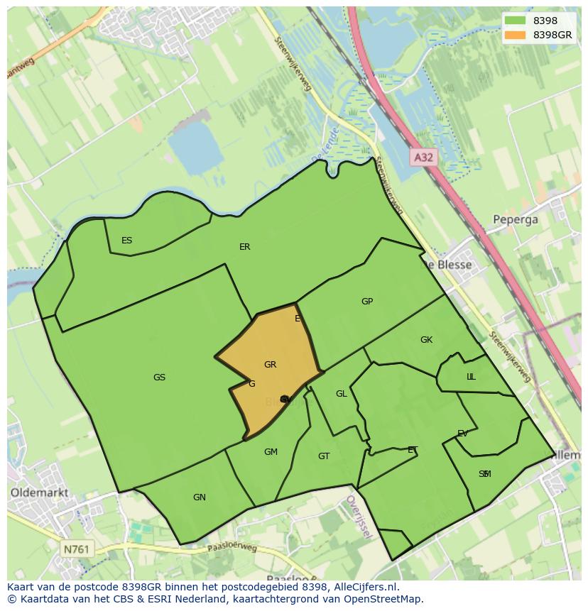 Afbeelding van het postcodegebied 8398 GR op de kaart.