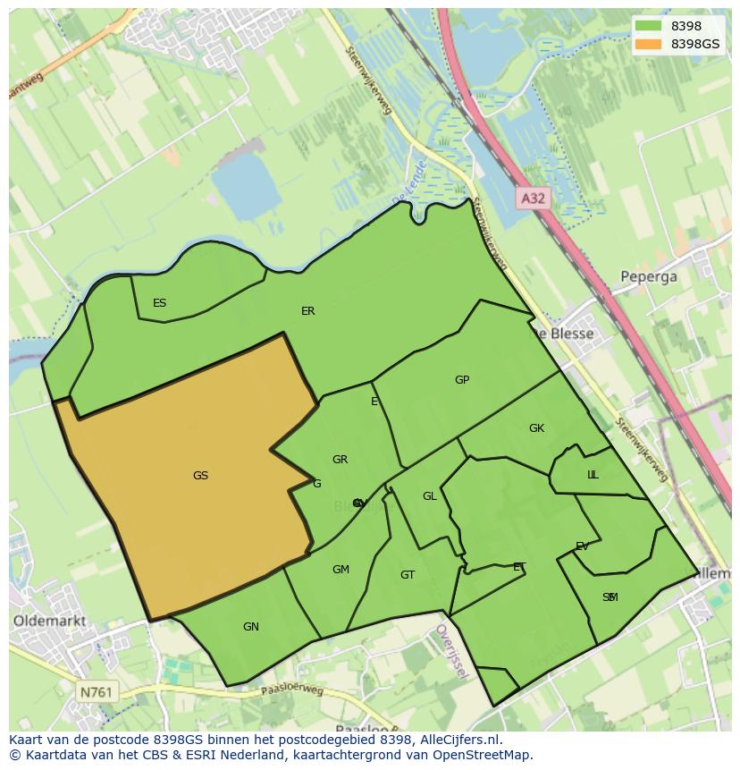 Afbeelding van het postcodegebied 8398 GS op de kaart.