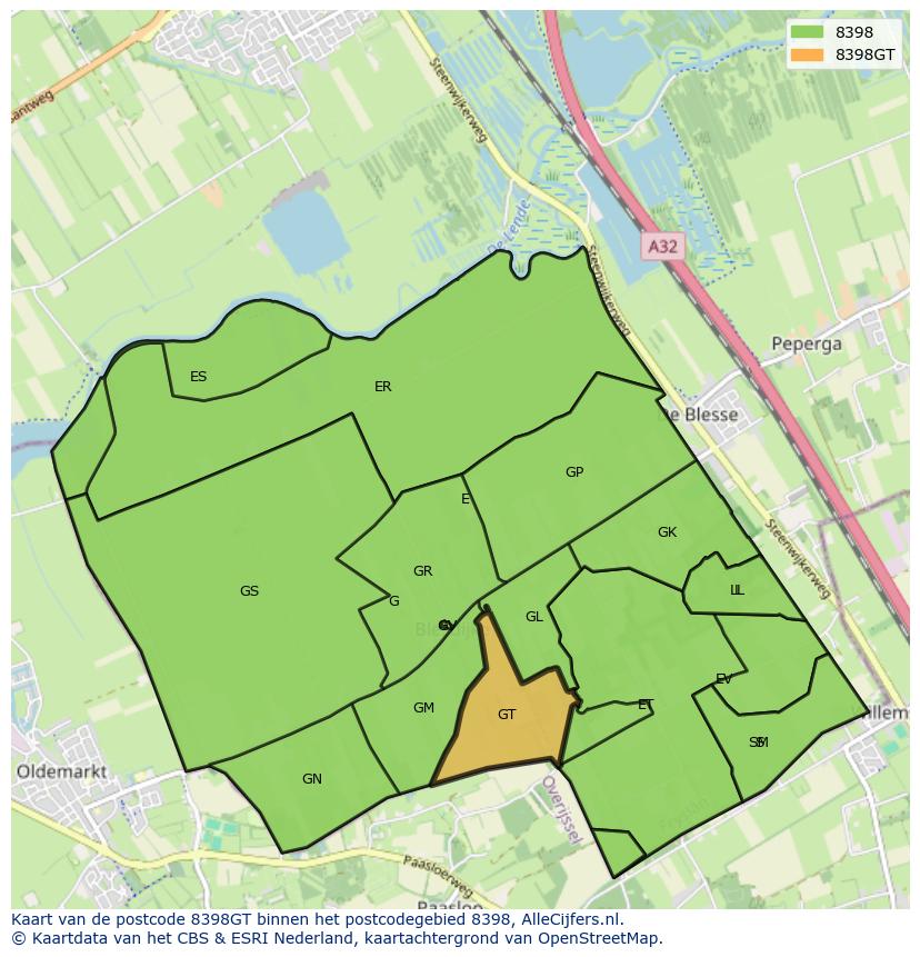 Afbeelding van het postcodegebied 8398 GT op de kaart.