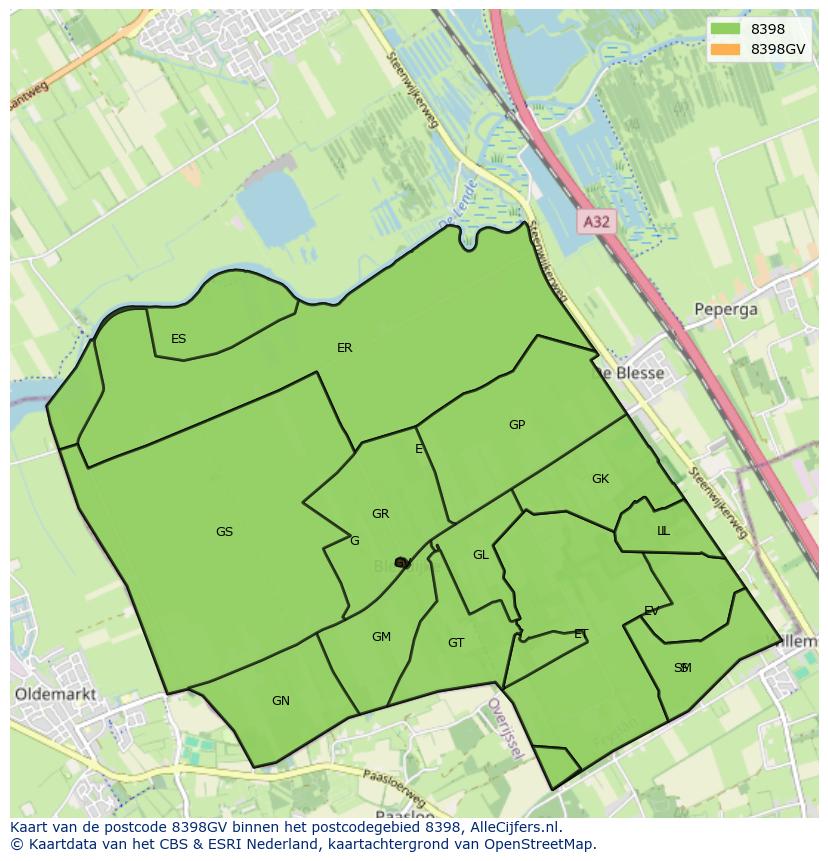 Afbeelding van het postcodegebied 8398 GV op de kaart.