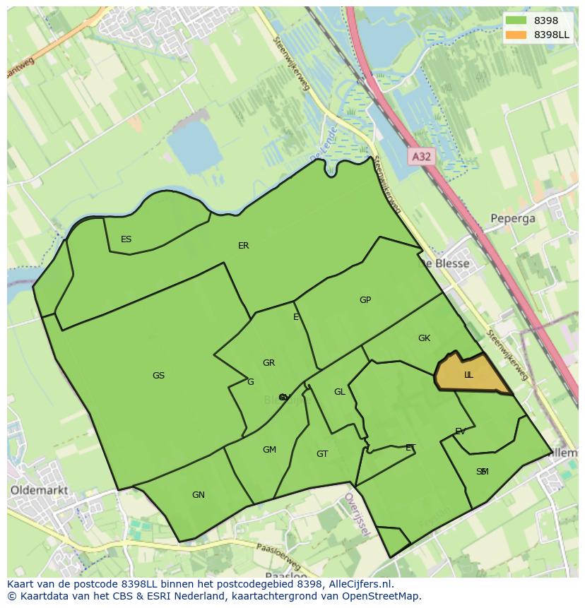 Afbeelding van het postcodegebied 8398 LL op de kaart.