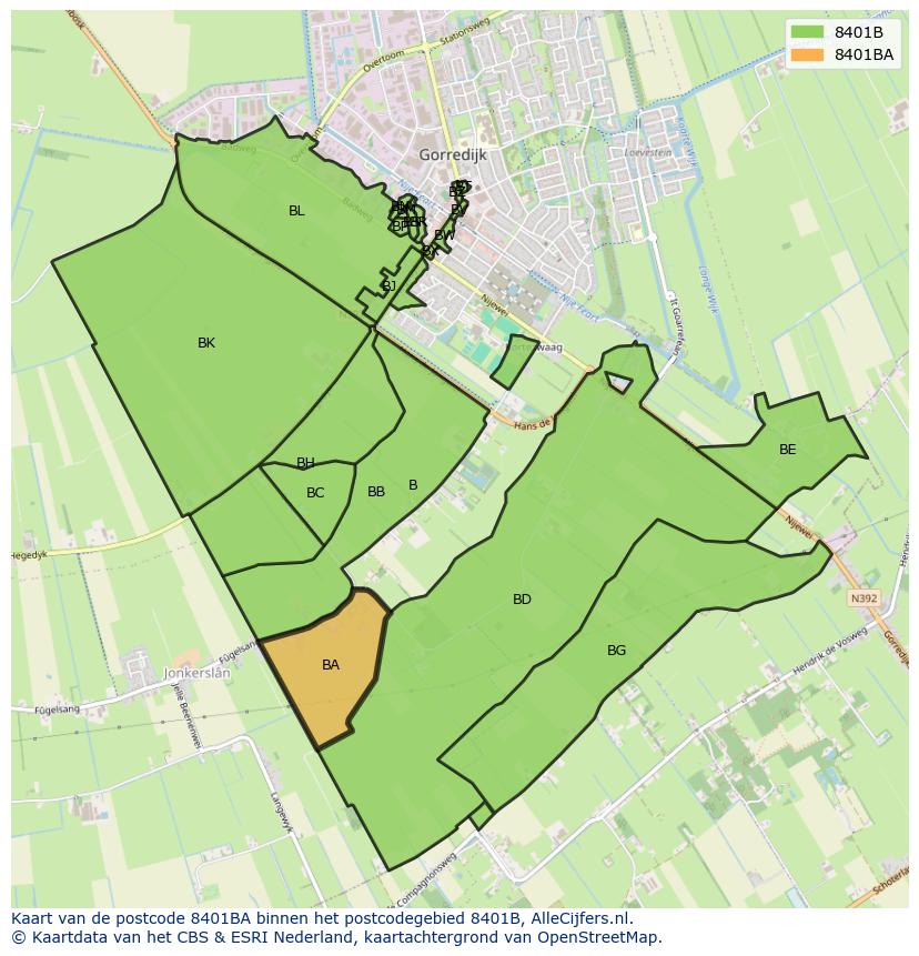 Afbeelding van het postcodegebied 8401 BA op de kaart.