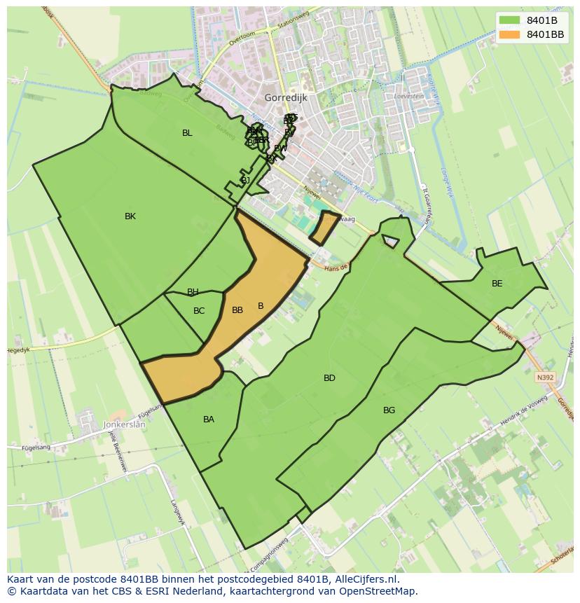 Afbeelding van het postcodegebied 8401 BB op de kaart.