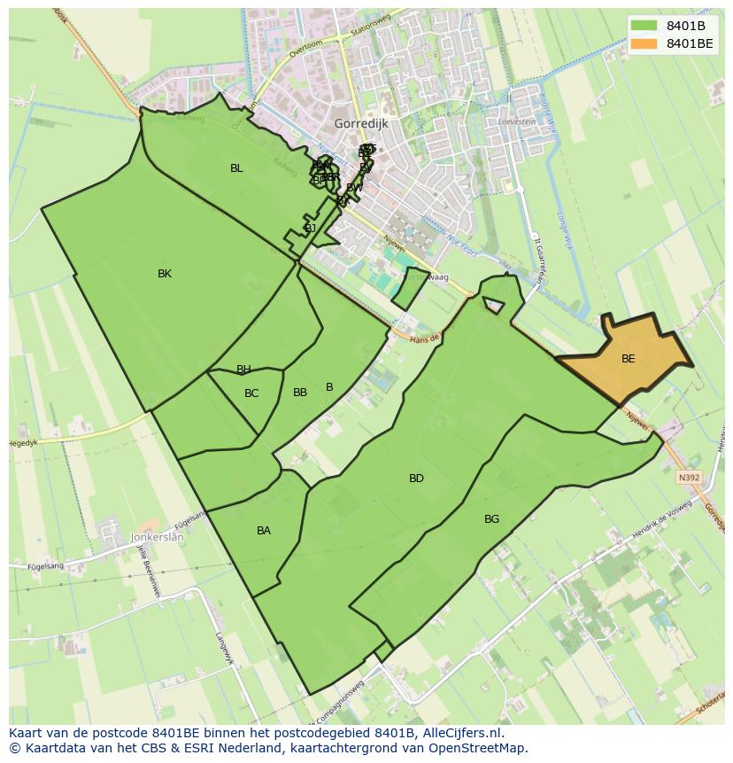 Afbeelding van het postcodegebied 8401 BE op de kaart.