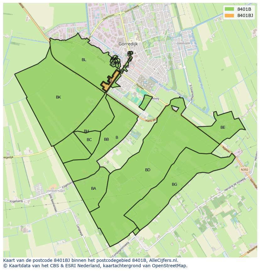 Afbeelding van het postcodegebied 8401 BJ op de kaart.
