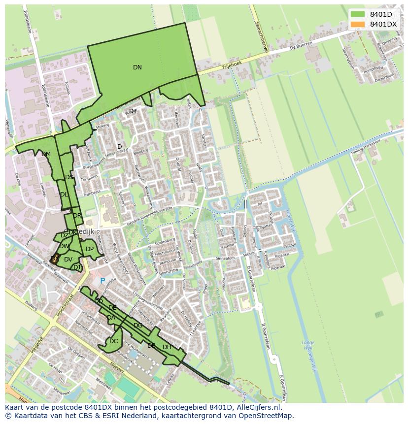Afbeelding van het postcodegebied 8401 DX op de kaart.