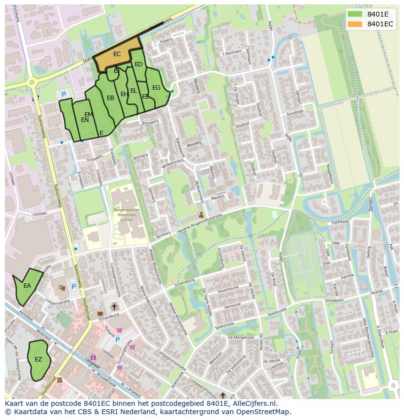 Afbeelding van het postcodegebied 8401 EC op de kaart.