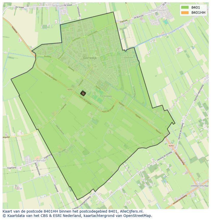 Afbeelding van het postcodegebied 8401 HH op de kaart.