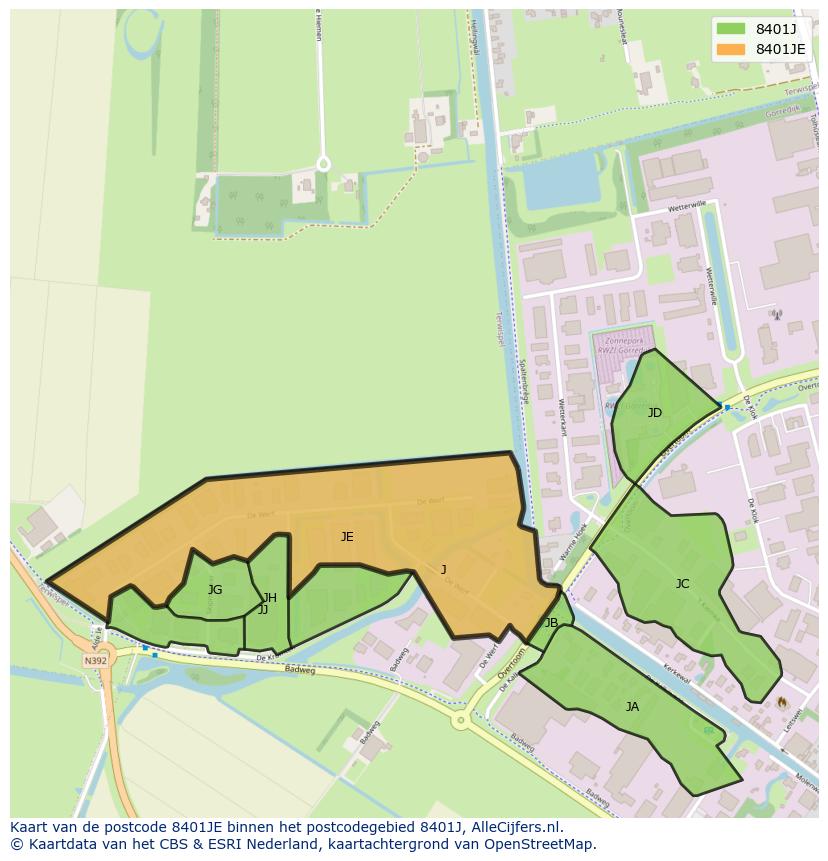 Afbeelding van het postcodegebied 8401 JE op de kaart.