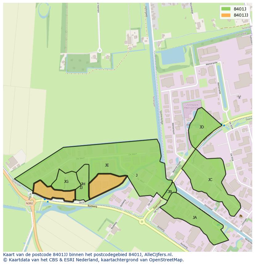 Afbeelding van het postcodegebied 8401 JJ op de kaart.