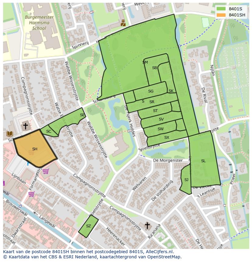 Afbeelding van het postcodegebied 8401 SH op de kaart.