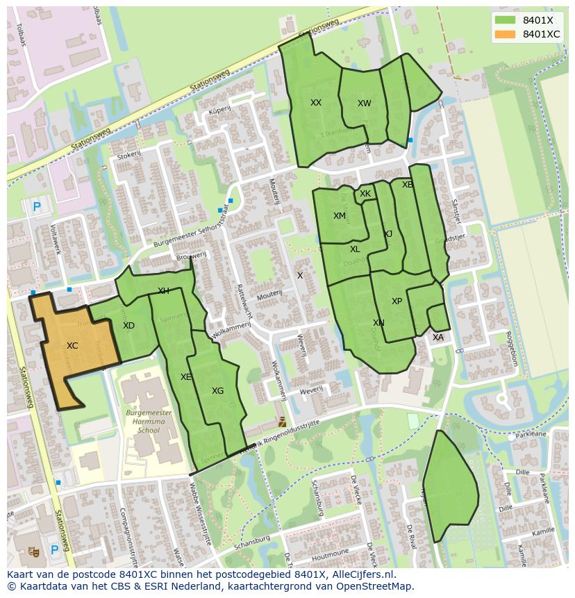 Afbeelding van het postcodegebied 8401 XC op de kaart.