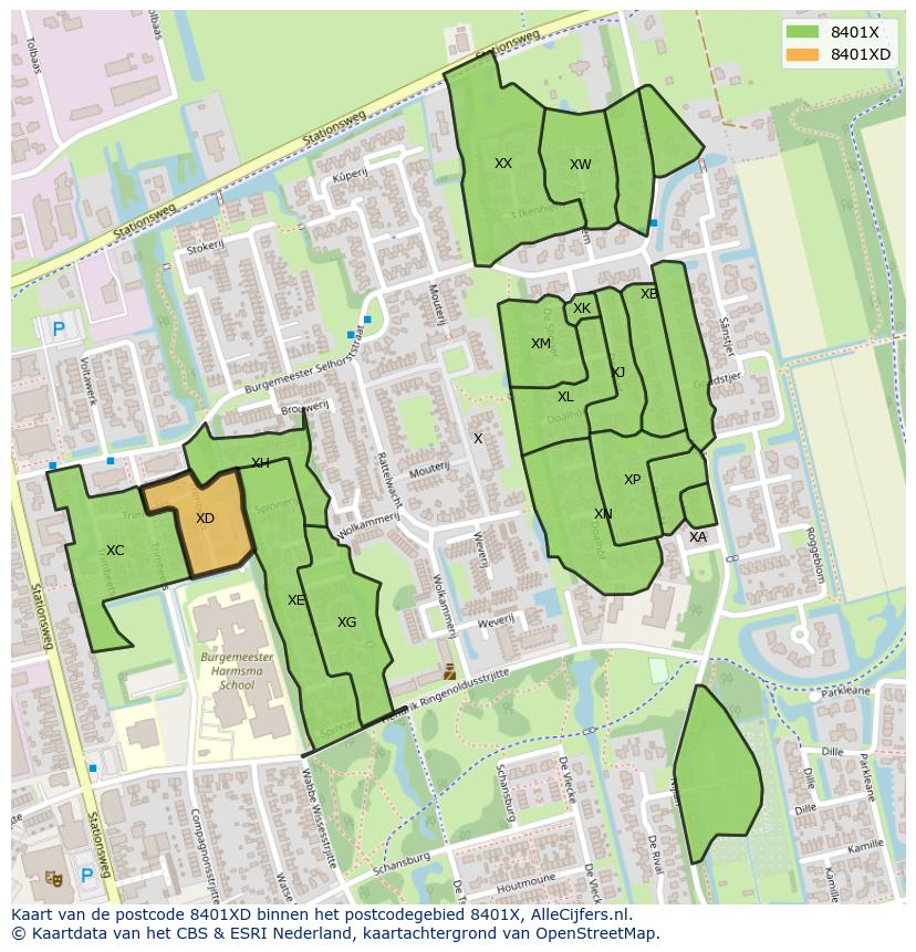 Afbeelding van het postcodegebied 8401 XD op de kaart.