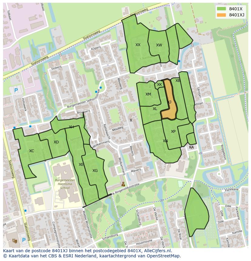 Afbeelding van het postcodegebied 8401 XJ op de kaart.