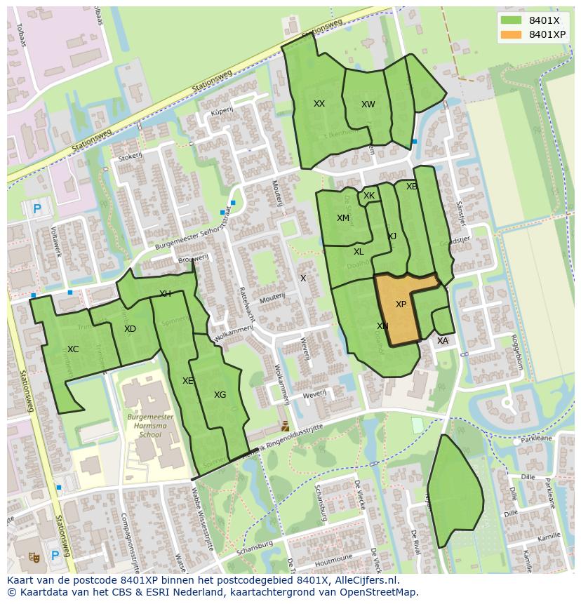 Afbeelding van het postcodegebied 8401 XP op de kaart.