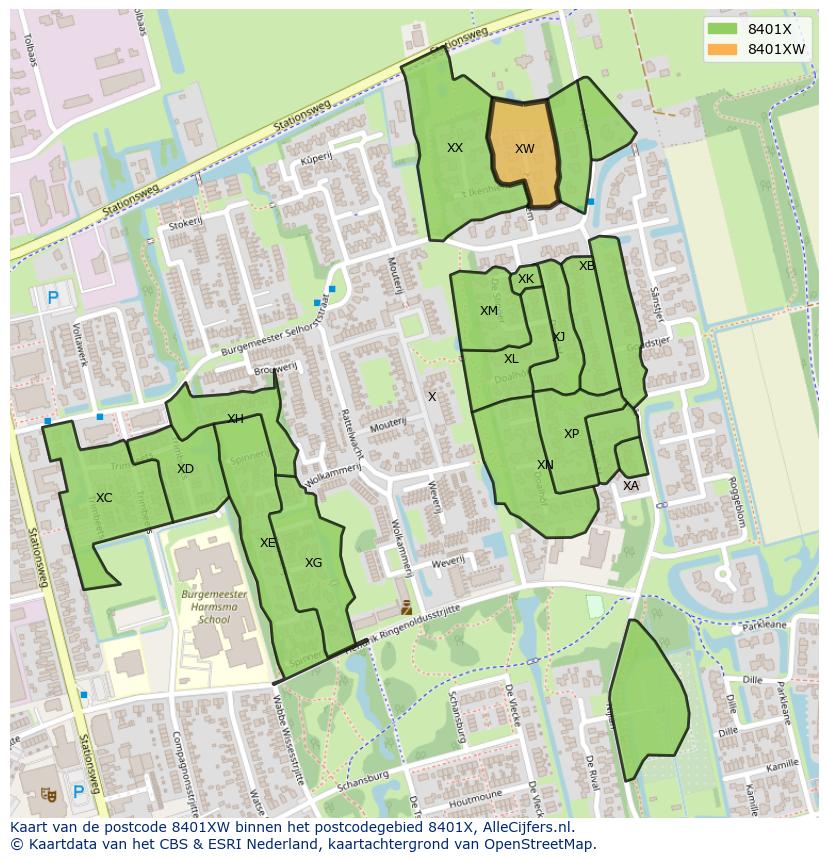 Afbeelding van het postcodegebied 8401 XW op de kaart.