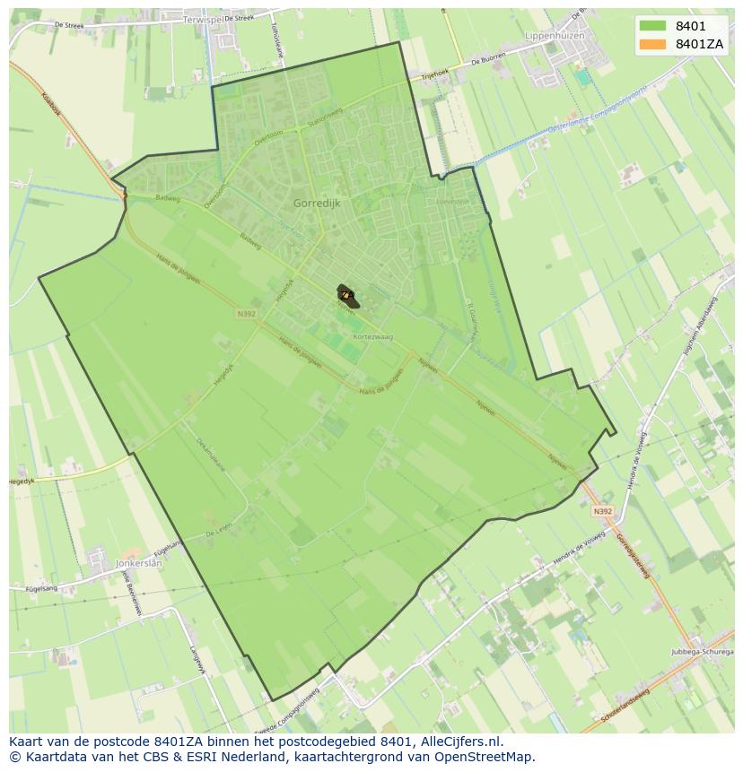 Afbeelding van het postcodegebied 8401 ZA op de kaart.